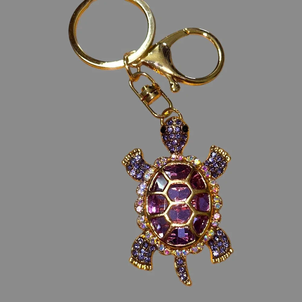 New Amethyst Purple Rhinestone Gold Tone Turtle Keychain Bag Charm
